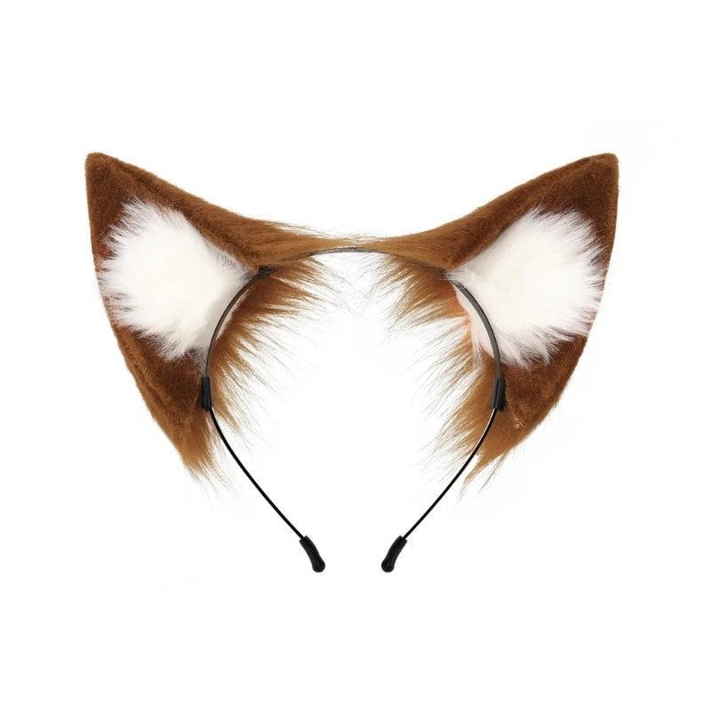 A headband featuring realistic brown and white fox ears made of fur for cosplay or themed parties.