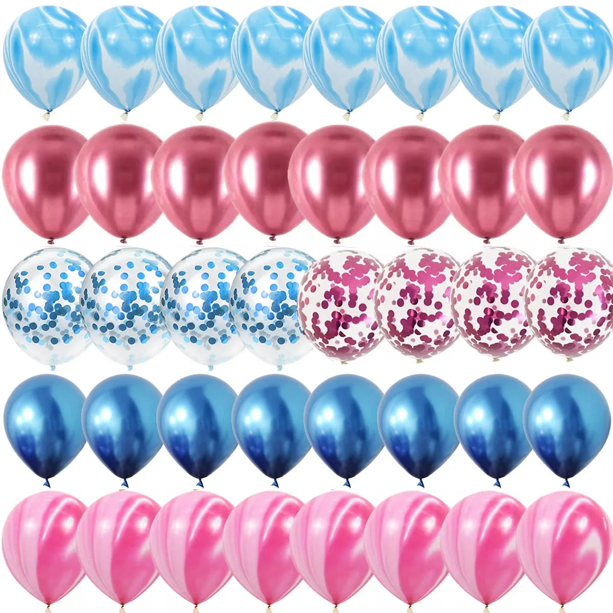 A set of glossy pink and blue balloons filled with confetti for a gender reveal.