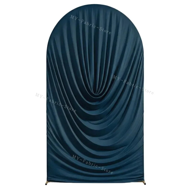 A dark blue draped fabric arch cover used for weddings and events.