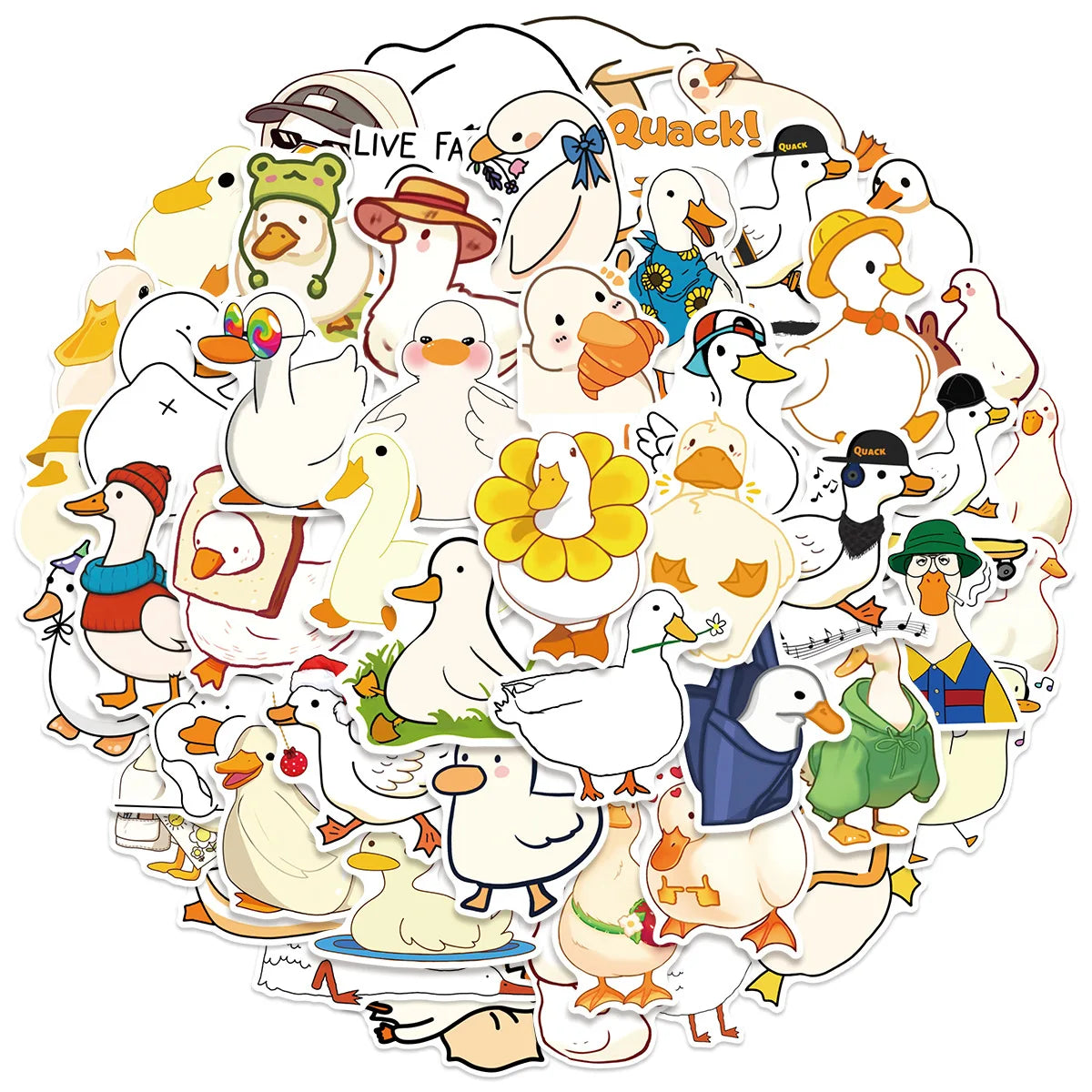 A collection of funny cartoon duck stickers featuring various expressions and scenes for DIY decor.
