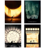 A collection of four vertical art prints featuring dark, atmospheric scenes with silhouettes and dramatic lighting.