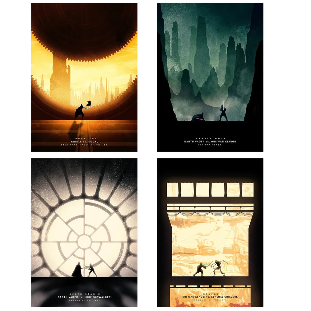 A collection of four vertical art prints featuring dark, atmospheric scenes with silhouettes and dramatic lighting.