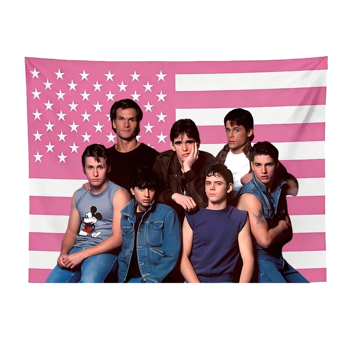 A group of seven young men posing in front of a pink and white striped American flag background.