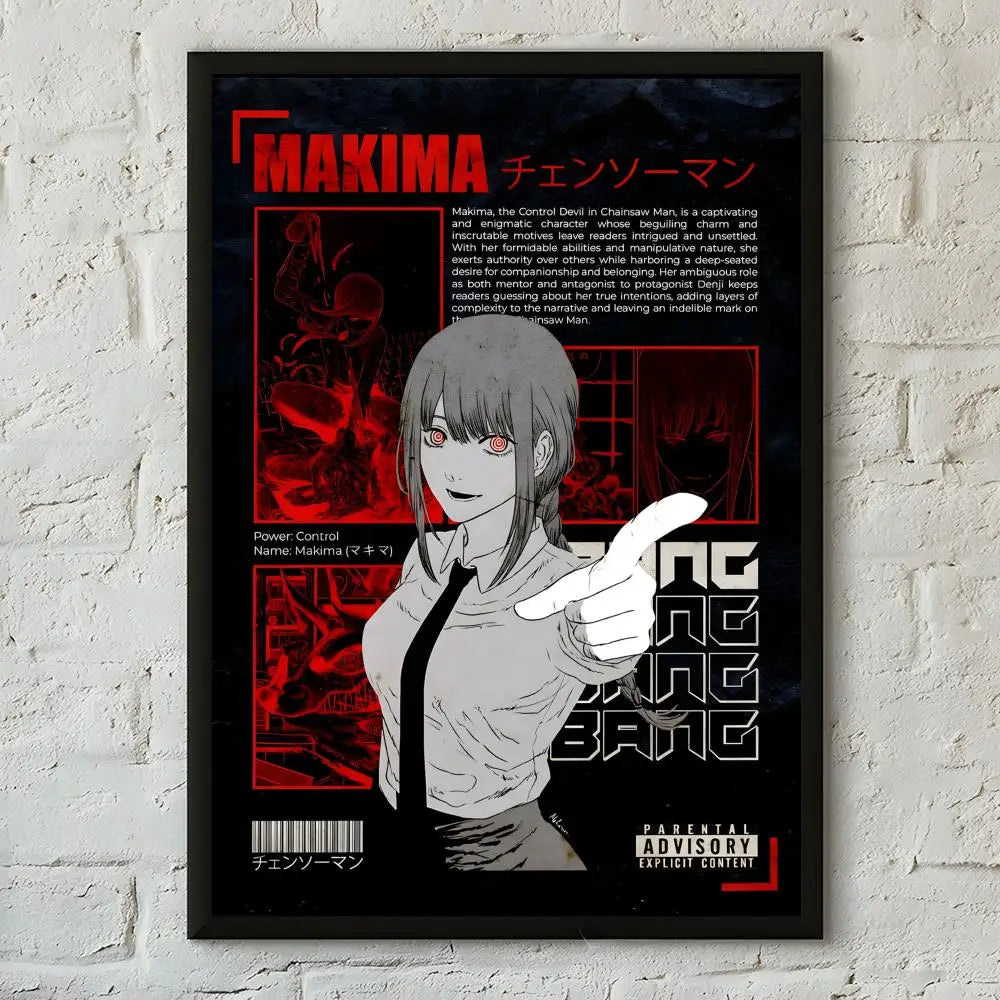 A poster featuring Makima from Chainsaw Man in a dark, intense style with red accents.