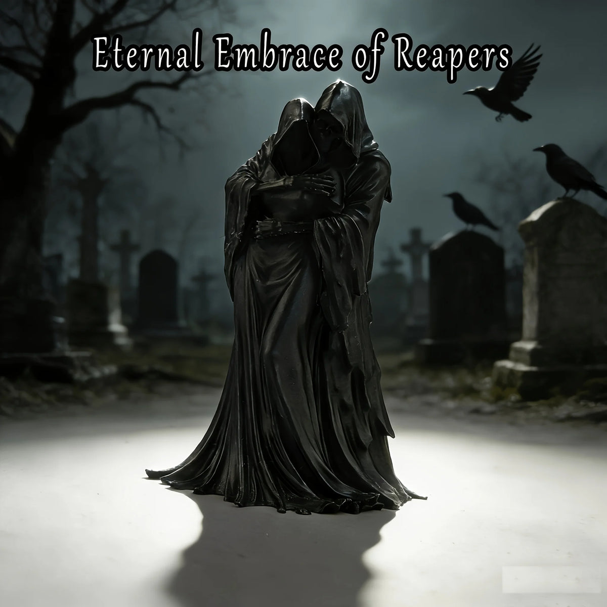 A dark figurine of a hooded figure embracing another, set against a graveyard backdrop.