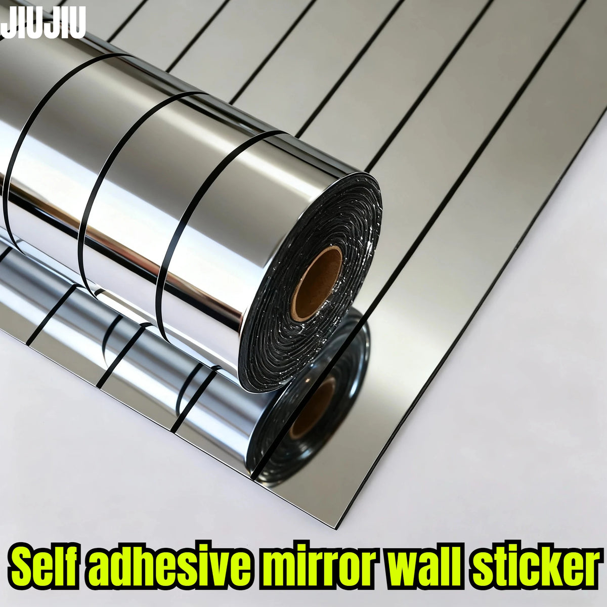 Roll of self adhesive mirror wall sticker showing reflective silver strips on a white background
