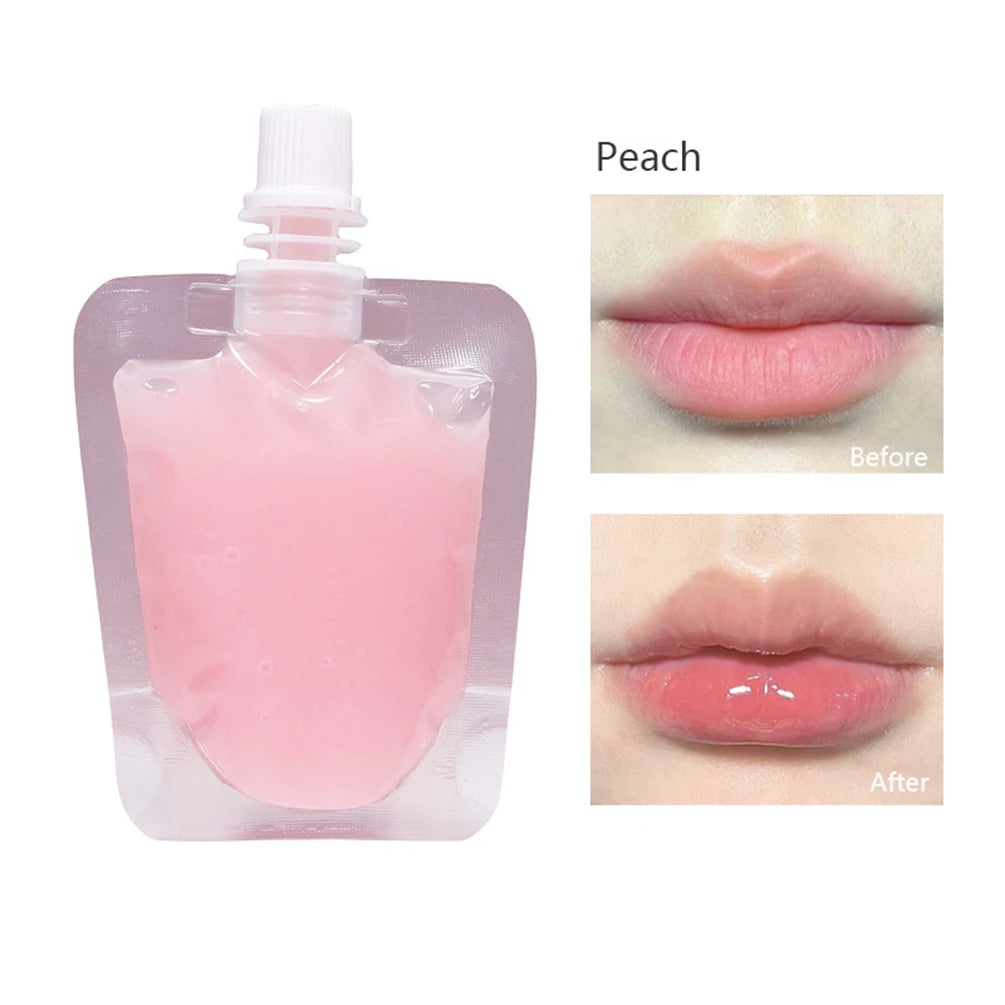 A pink lip oil gloss product in a clear plastic container shown with before and after results on lips.