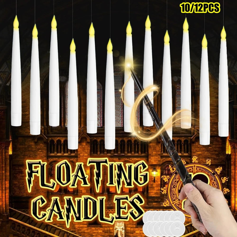 A set of twelve white floating LED candles with a magic wand remote displayed against an ornate background.