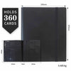 Black trading card storage binder with protective sleeves, measuring 245mm by 305mm and weighing 0.485 kg.