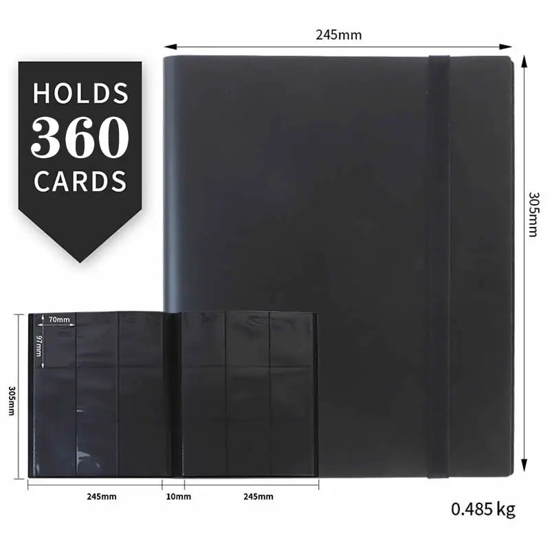 Black trading card storage binder with protective sleeves, measuring 245mm by 305mm and weighing 0.485 kg.
