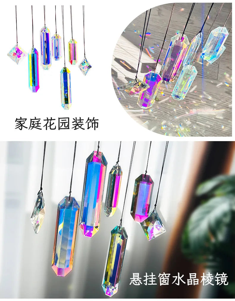 A set of seven crystal prism sun catchers hanging, featuring various iridescent colors and shapes.
