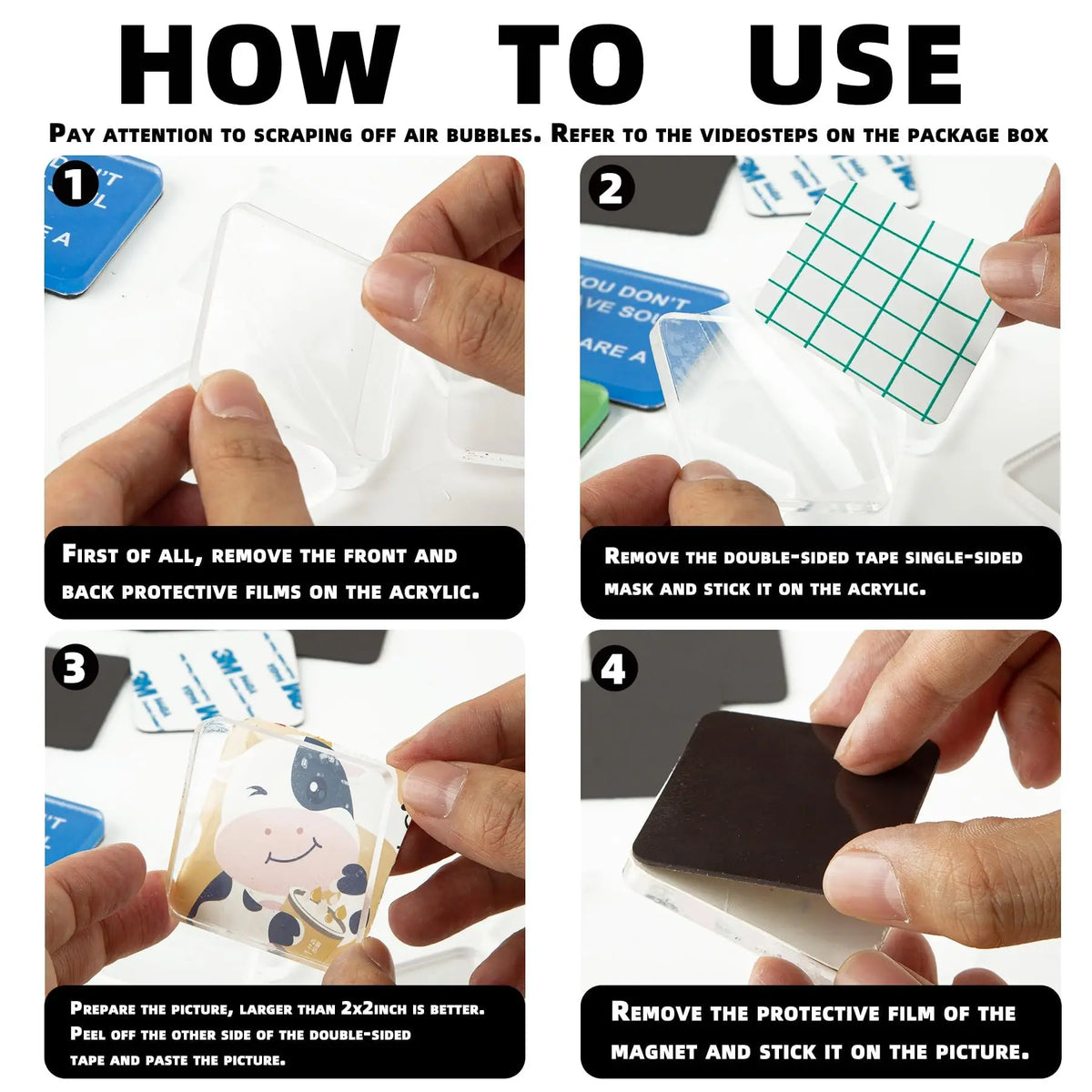 Instructions showing how to use a DIY acrylic fridge magnet set for decorating pictures