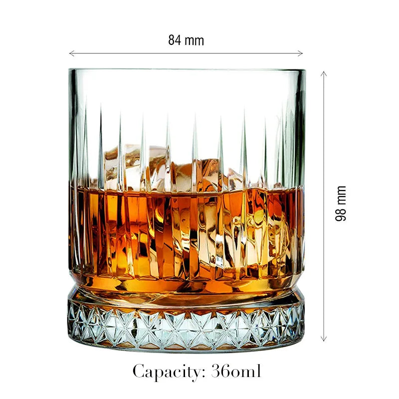 A clear whiskey glass with a heavy base, measuring 84 mm in width and 98 mm in height, with a capacity of 360ml.