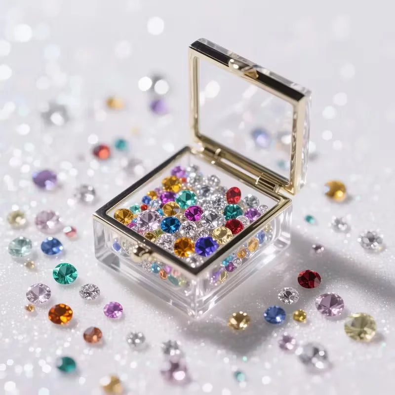 An open clear acrylic box filled with colorful diamond gemstones scattered on a white surface.