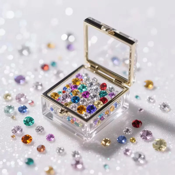 An open clear acrylic box filled with colorful diamond gemstones scattered on a white surface.