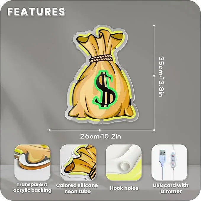 A yellow silicone neon dollar sign LED wall light with acrylic backing and hook holes.