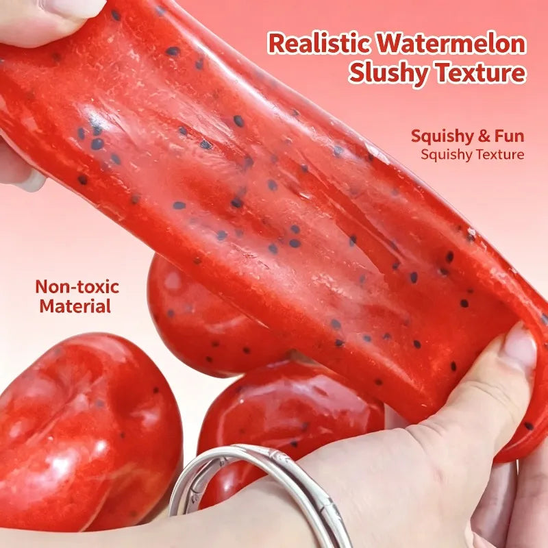 Realistic watermelon plush toy with a squishy texture being held by a hand