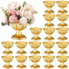 A collection of mini gold trumpet vases for wedding centerpieces and home decor.