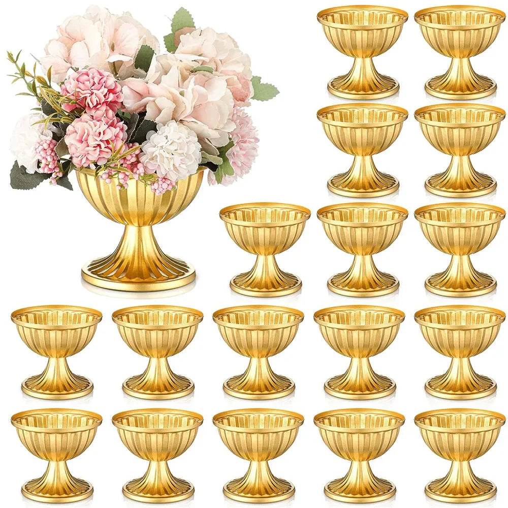A collection of mini gold trumpet vases for wedding centerpieces and home decor.