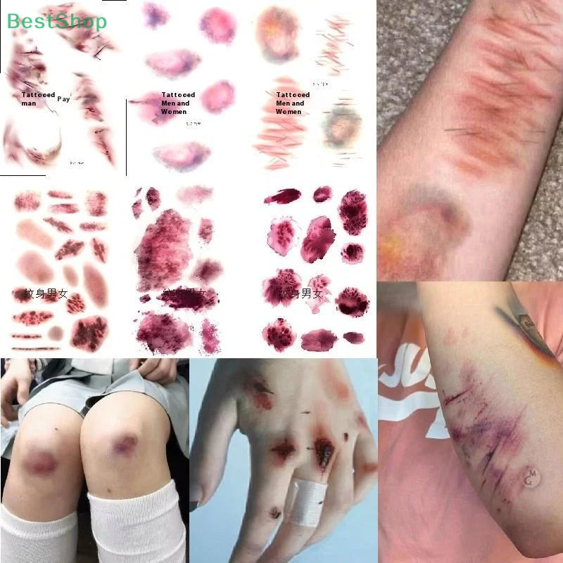 A collection of realistic bruise and scar temporary tattoos on skin and tissue samples.
