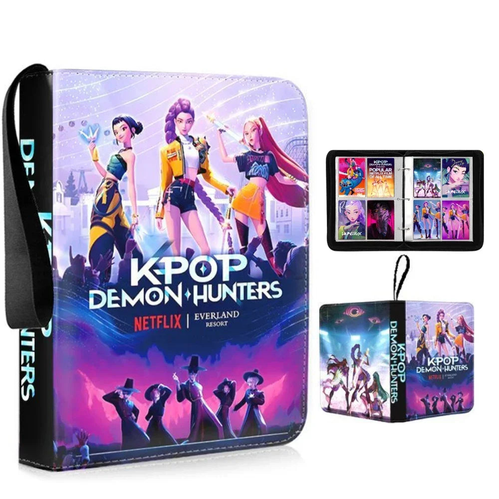 A purple K-Pop Demon Hunters themed photo album binder featuring illustrations of female characters.