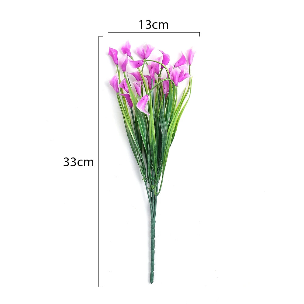 A vertical arrangement of pink artificial calla lily flowers on a green stem, measuring 33cm long.