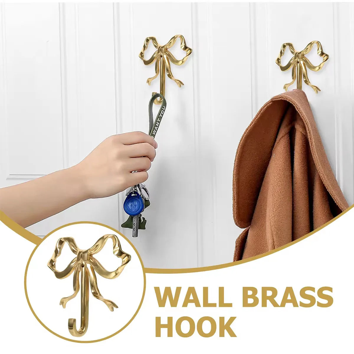 A hand is holding an elegant brass bowknot wall hook, demonstrating the product for home organization.