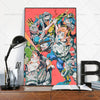 A vibrant anime poster featuring characters from JoJo's Bizarre Adventure in a dynamic composition.