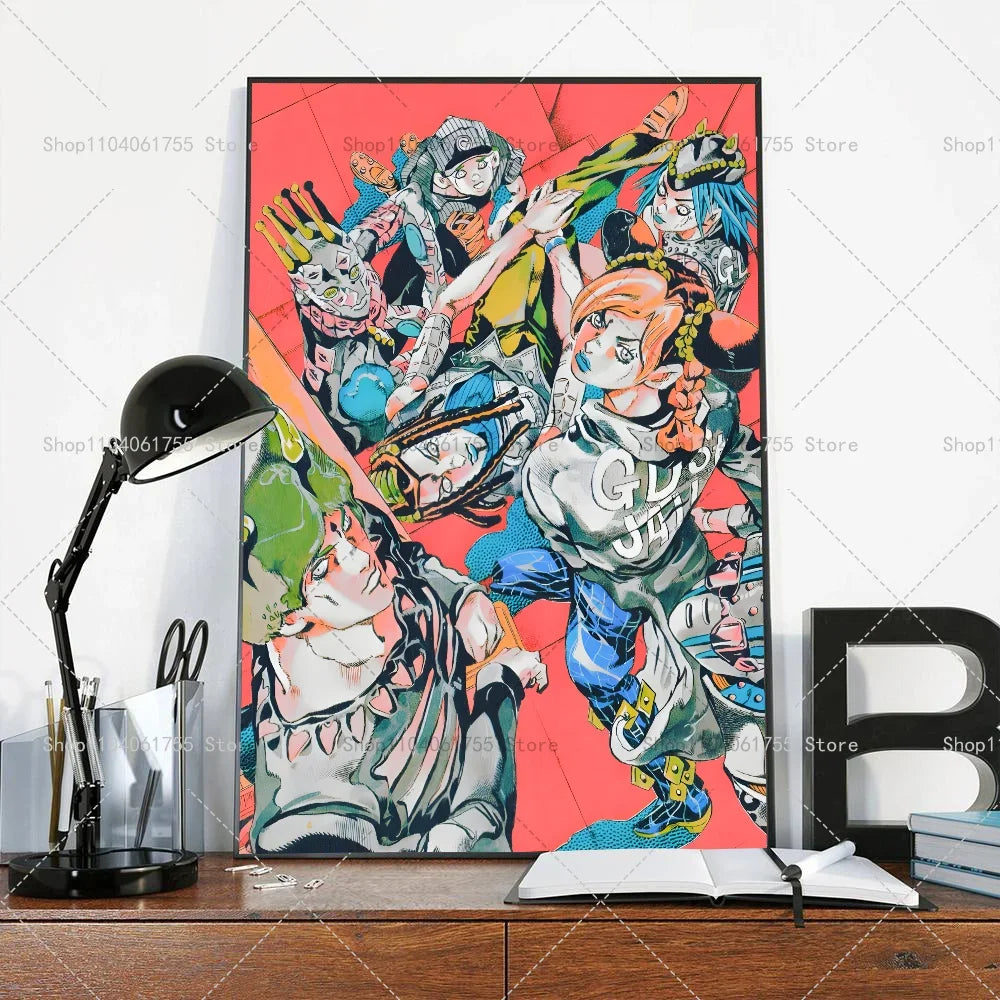 A vibrant anime poster featuring characters from JoJo's Bizarre Adventure in a dynamic composition.