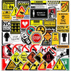 A collection of various warning and caution decals, including symbols like stop signs, danger icons, and text warnings.