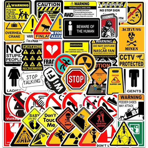 A collection of various warning and caution decals, including symbols like stop signs, danger icons, and text warnings.