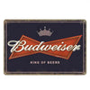 A vintage metal sign featuring the Budweiser logo and crown, used for bar or pub decor.