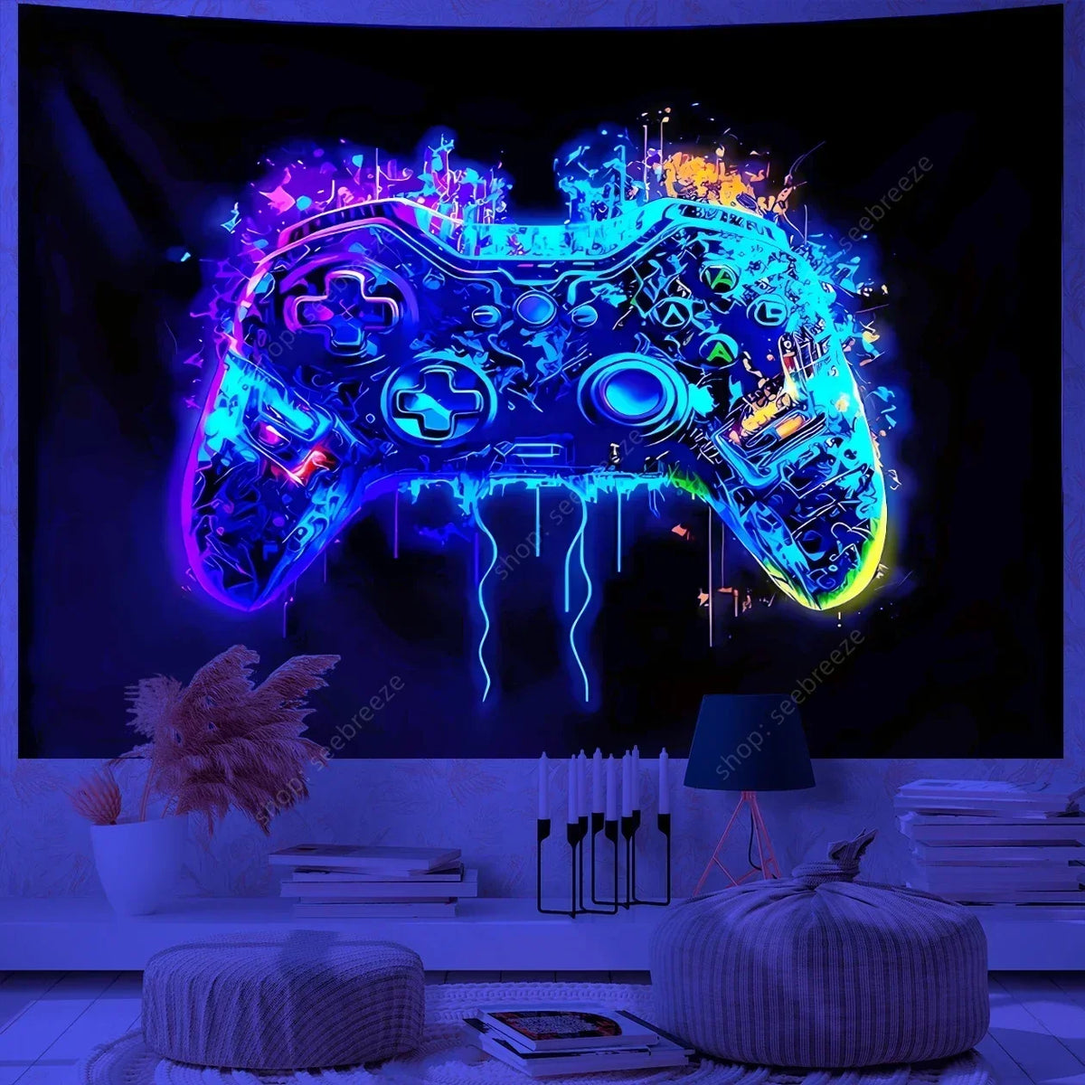 UV reactive game controller tapestry glowing blue and purple on a dark background