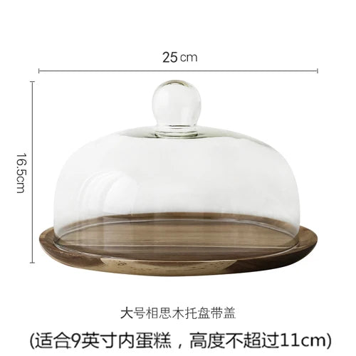 Solid acacia wood cake tray with a clear glass dome cover