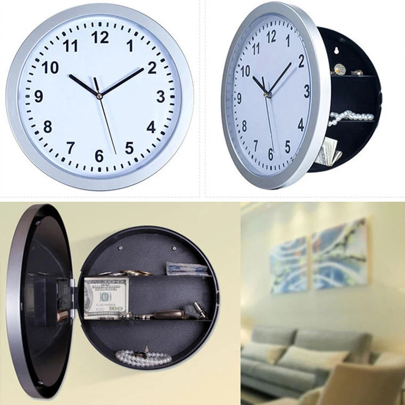 A silver analog watch is shown alongside a black storage box with a glass lid and a display compartment.