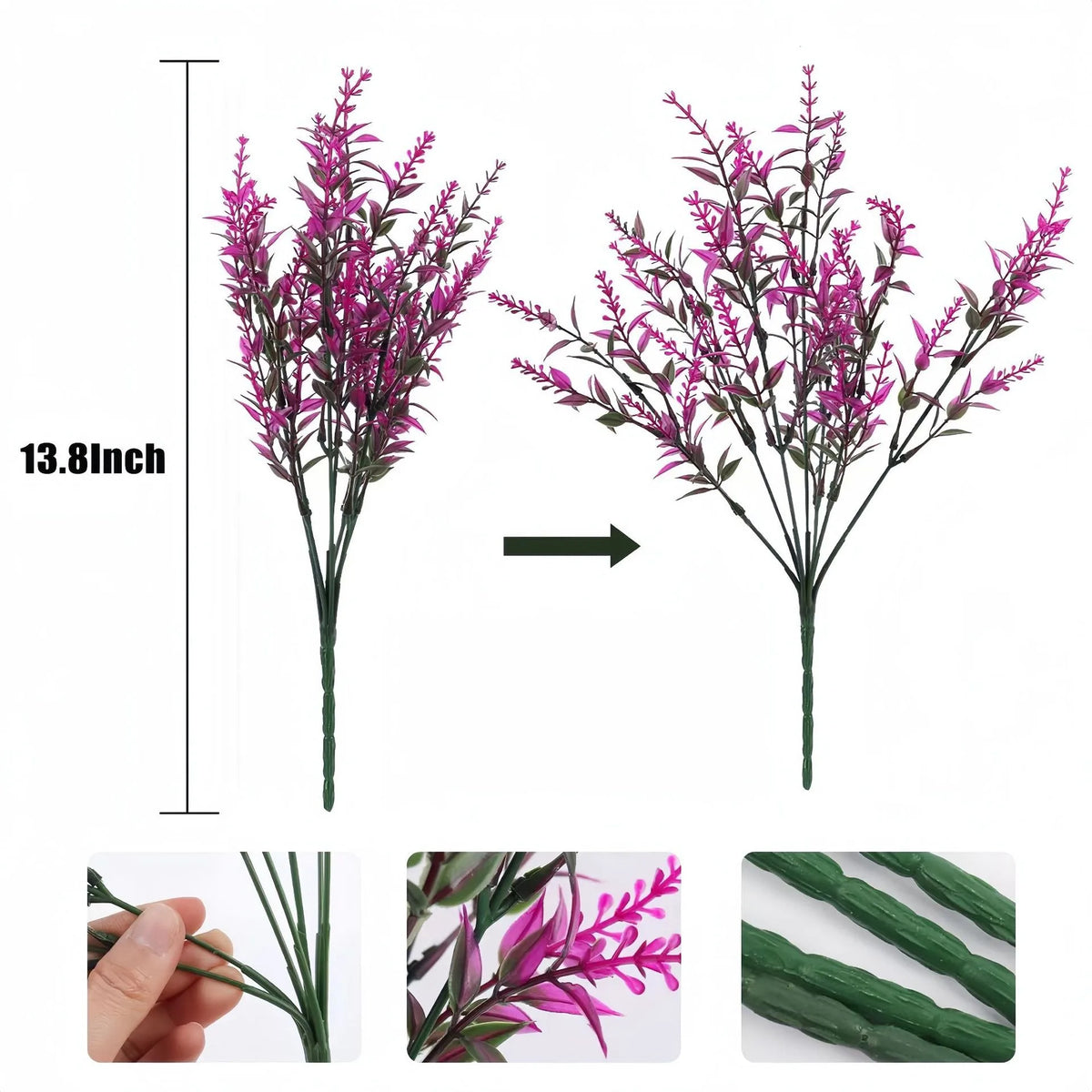 A vertical arrangement of artificial magenta and purple flowers on a stem, shown with scale reference.