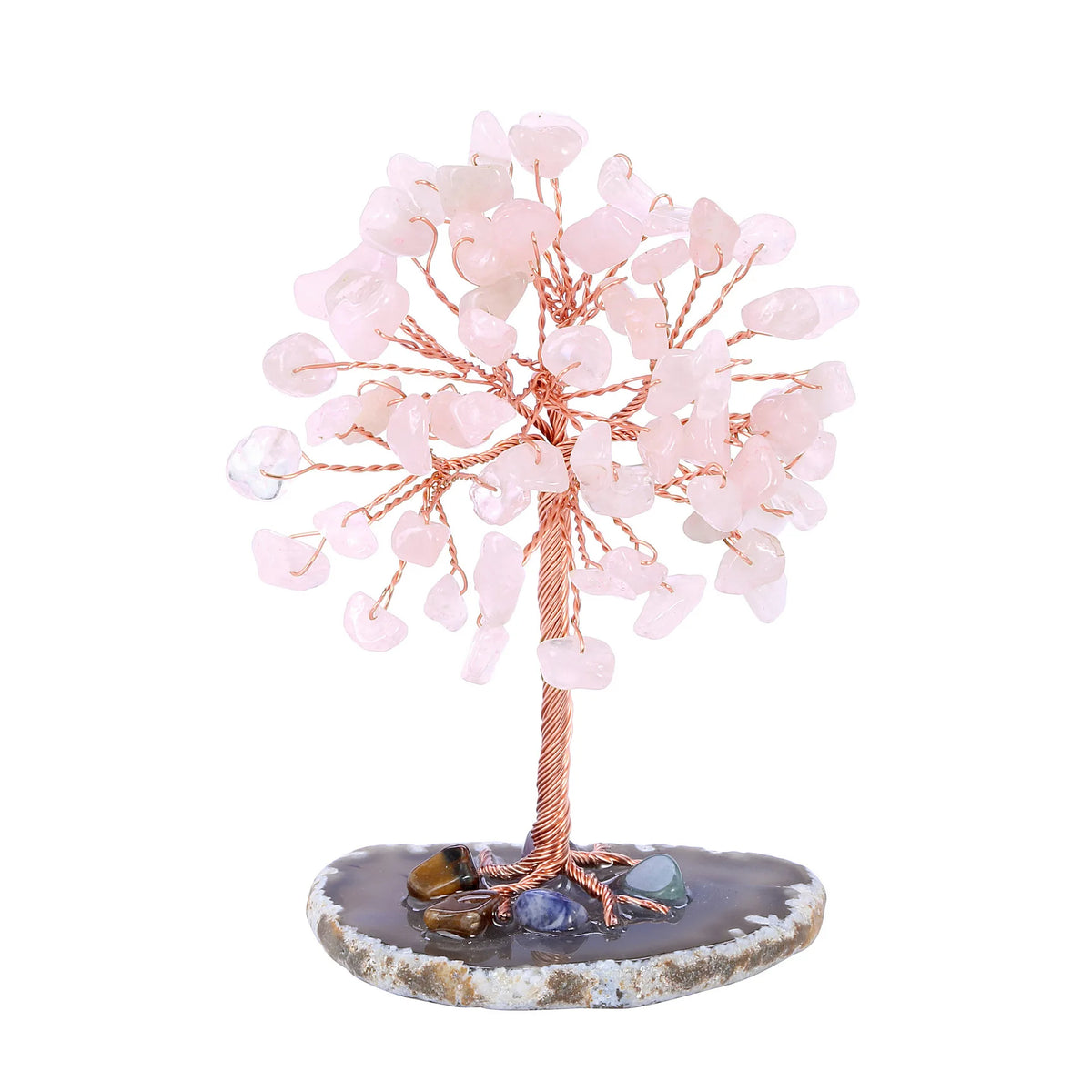 A crystal money tree decor featuring pink and clear quartz crystals on a wooden stand.