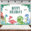 A watercolor illustration of cartoon dinosaurs in a Jurassic woodland theme for a birthday party backdrop.