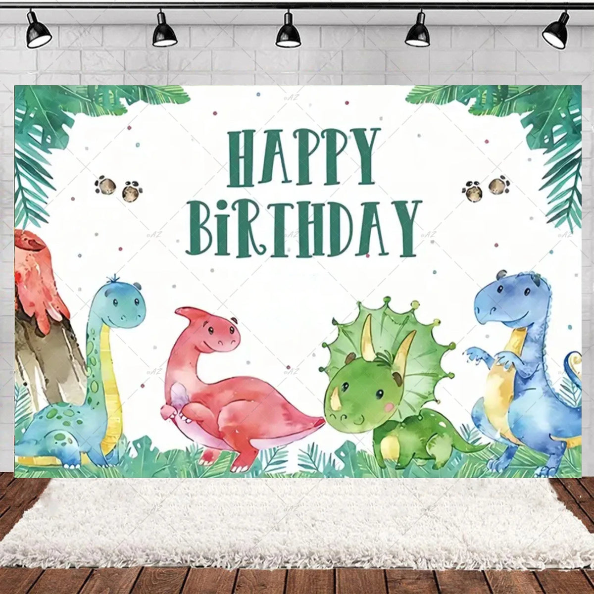 A watercolor illustration of cartoon dinosaurs in a Jurassic woodland theme for a birthday party backdrop.