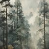 A misty forest scene featuring tall evergreen trees and a rocky foreground.