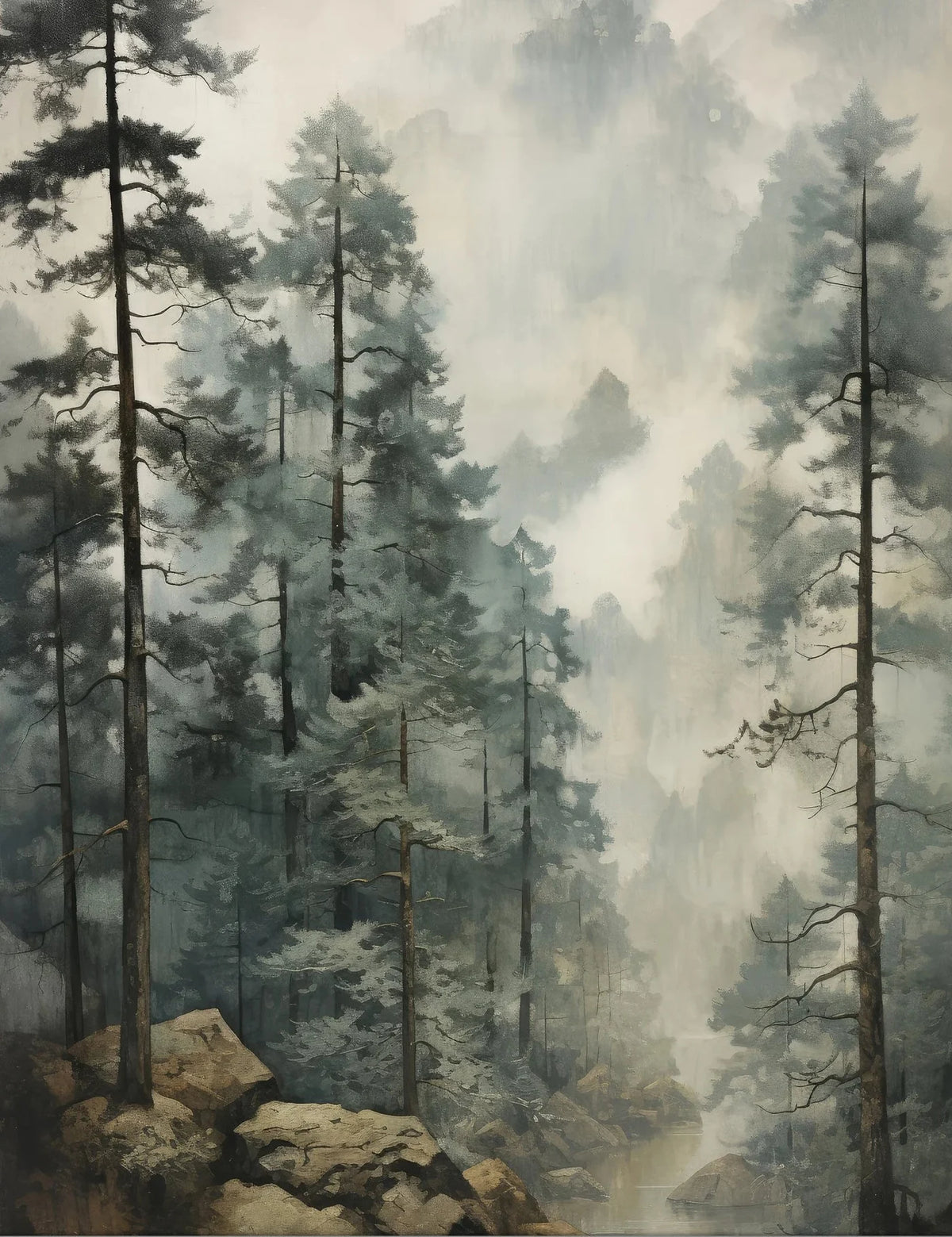 A misty forest scene featuring tall evergreen trees and a rocky foreground.