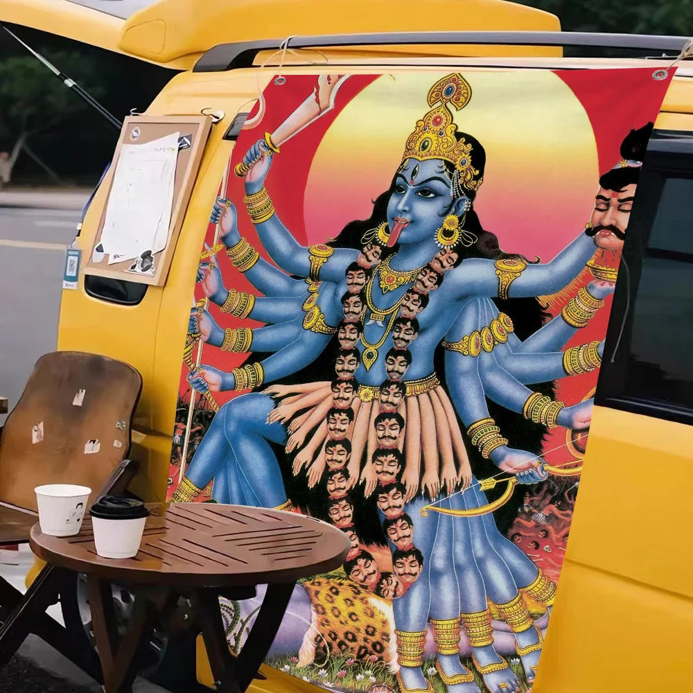 Vibrant wall art banner featuring a depiction of Maa Kali in blue and gold tones on a yellow vehicle.