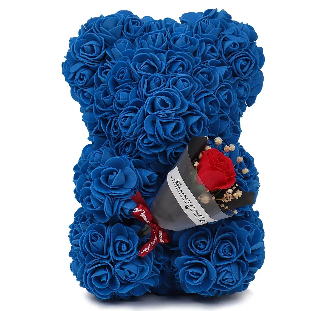 Herzförmiger Teddybär aus blauen Kunstrosen für romantische Dekoration