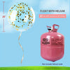 A pink balloon tank labeled BOX'O BALLOONS is shown next to a clear inflated balloon, demonstrating how it floats with helium