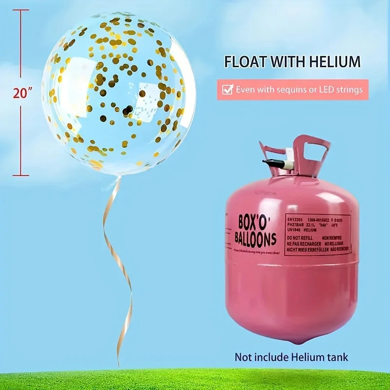 A pink balloon tank labeled BOX'O BALLOONS is shown next to a clear inflated balloon, demonstrating how it floats with helium