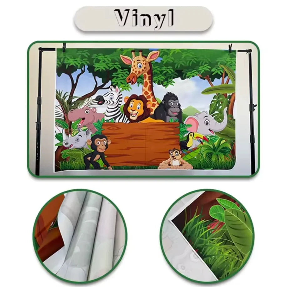 Vinyl banner featuring jungle animals like a giraffe, lion, and elephant for a football birthday backdrop.