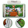 A vinyl tropical palm leaf backdrop featuring jungle animals like a giraffe, monkey, and elephant.