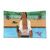 A cartoon illustration of BoJack Horseman sitting on a wooden platform with a flag banner in the background.