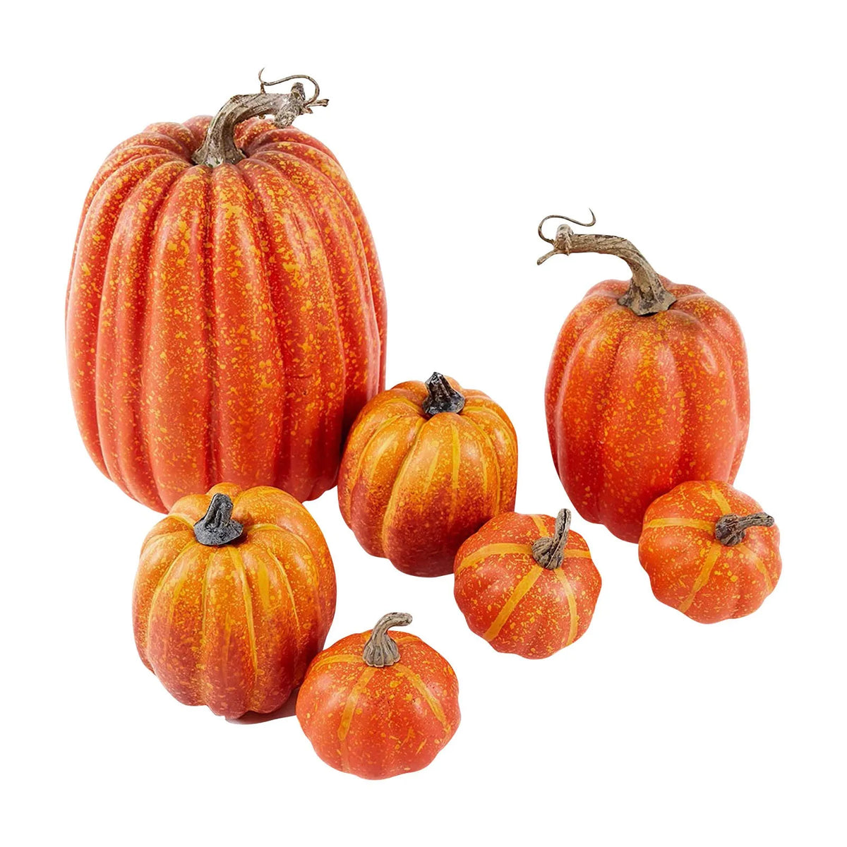 A set of seven orange artificial pumpkins with green stems arranged on a white background.