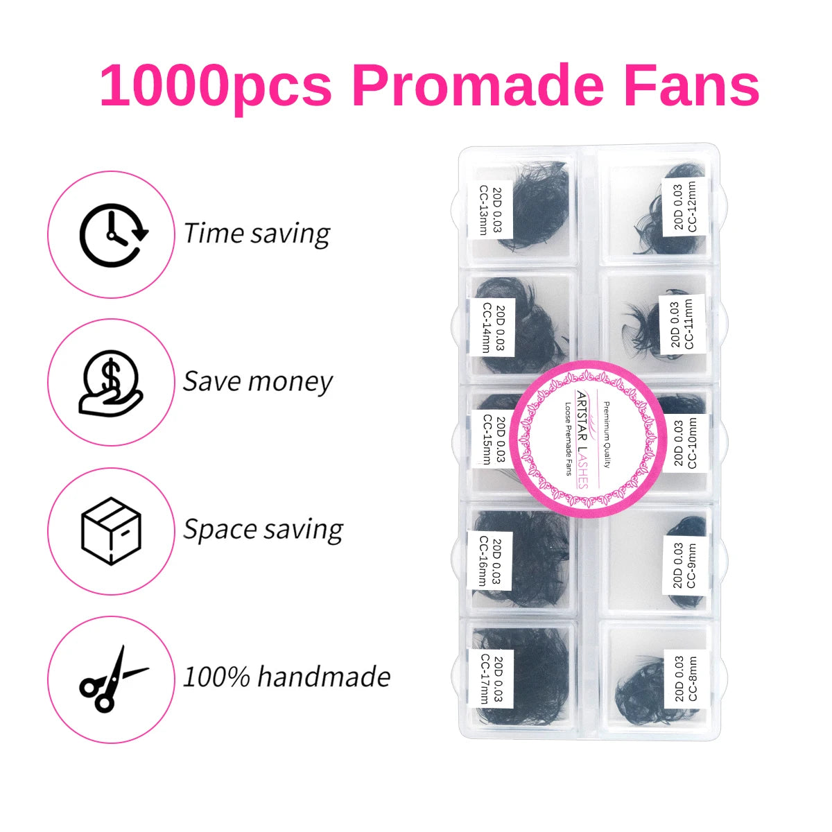 Un juego de 1000 piezas de ventiladores Promade para extensiones de pestañas volumétricas, empaquetados en compartimentos tra